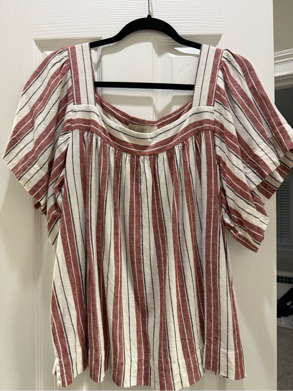 LOFT Women's Red Striped Square-Neck Top